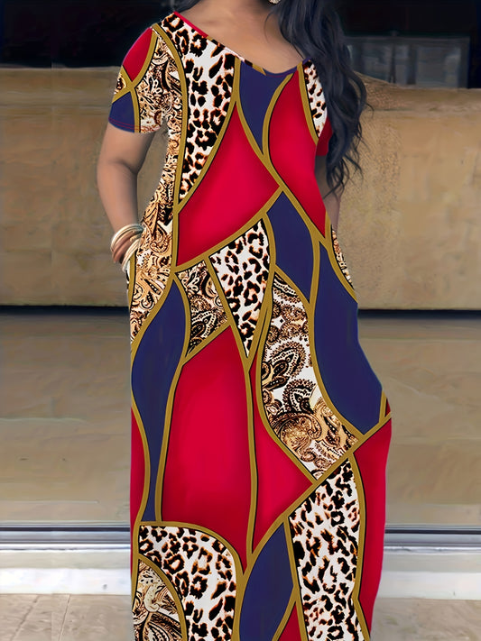 Plus Size Maxi Dress with Pocket, Women's Plus Tie Dye Print Short Sleeve Elegant Medium Stretch Long Dress