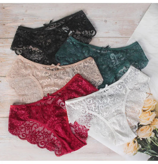 Hot Sale Wholesale High Stretch Soft Breathable Sexy Hollow Large Size Women Lace Hipster Underwear Briefs 5 Colors