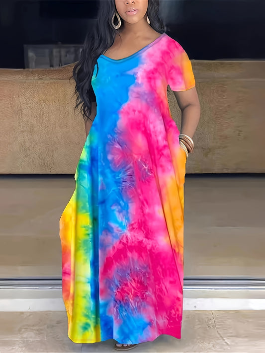 Plus Size Maxi Dress with Pocket, Women's Plus Tie Dye Print Short Sleeve Elegant Medium Stretch Long Dress