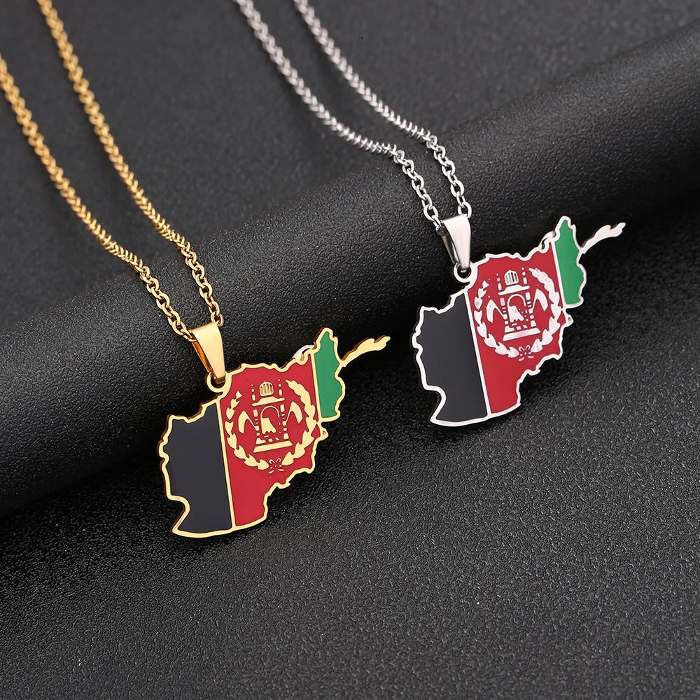 New Afghanistan Map Flag Pendant Necklace Stainless Steel For Women Men Gold Silver Color Charm Fashion Afghan Jewelry Gifts